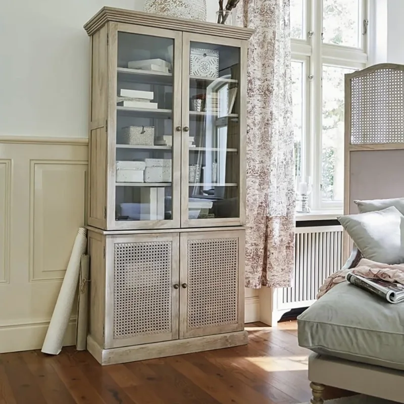 American retro solid wood rattan bookcase living room floor bookcase locker double door glass display wine cabinet dining side
