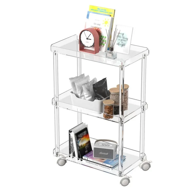 

acrylic coffee table, living room three-layer with wheels, mobile cart Internet celebrity minimalist style, snack storage rack