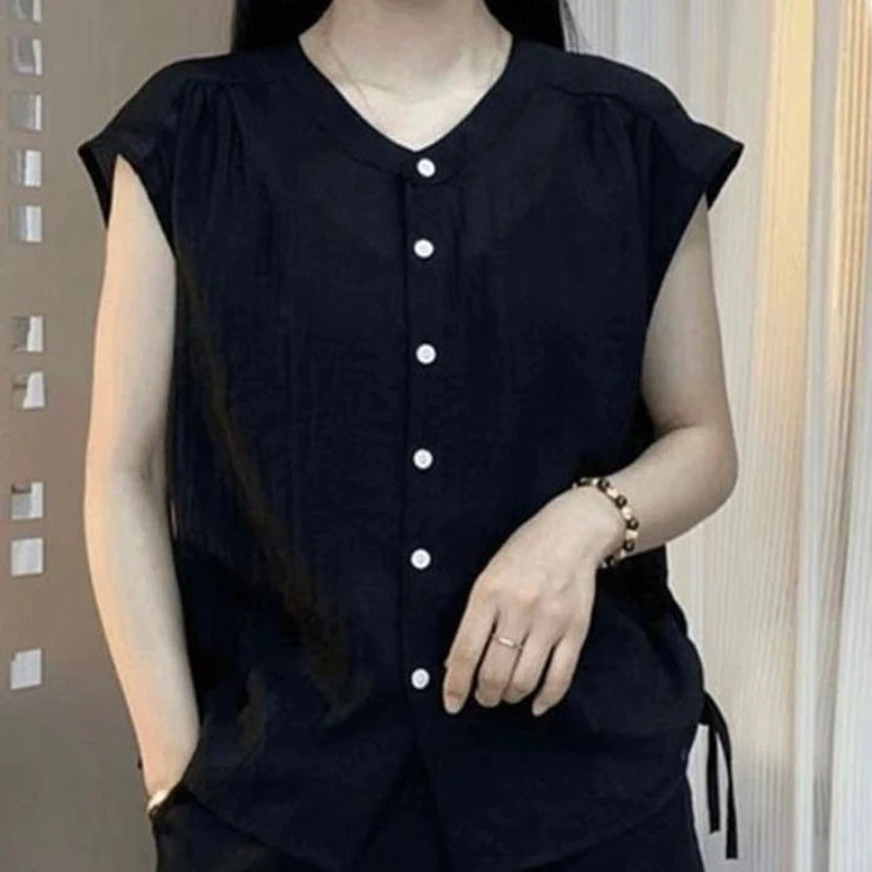 Camicia casual con lacci tinta unita con o-collo alla moda 2025 Estate nuove top coreani camicetta da pendolarismo ampia