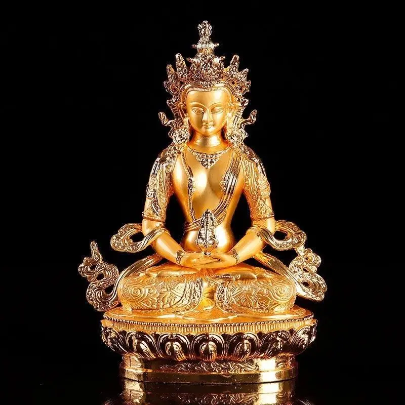 16cm Tibetan Buddhism Small Buddha Statue Nepal Gilded Amitayus Buddha Ornament Handmade Alloy Buddha Statue Offering Ornaments