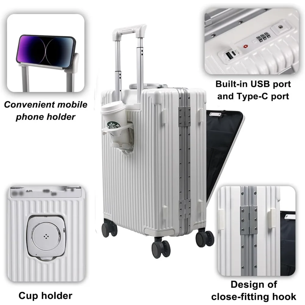 Carry On Luggage with Cup Holder and Usb Port, Aluminum Frame, Front Compartment, TSA Lock, 22x14x9 Airline Approved Hardside