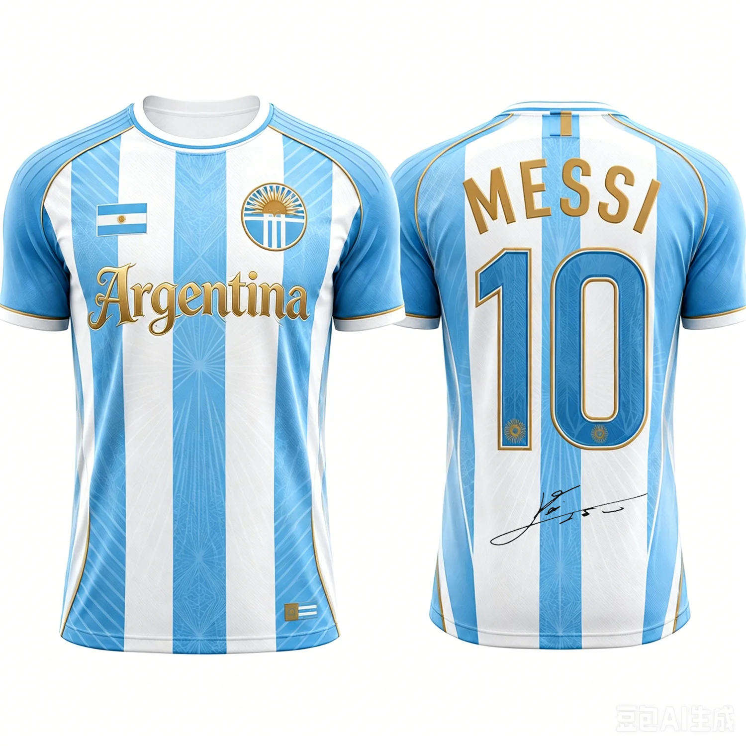 Messi No.10 Argentina Sun Flag Sky Blue White Stripe Print Short Sleeve Soccer Jersey for Men Youth Kids Quick Dry Sport Tee