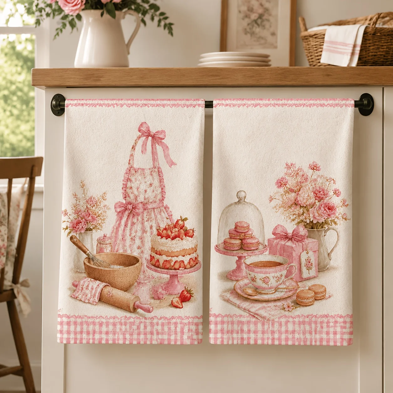 2-PS Vintage Pink Strawberry Cake Tea Towel Kitchen Towel, Pink, Kitchen Towel, Tea Towel, Restaurant Decoration