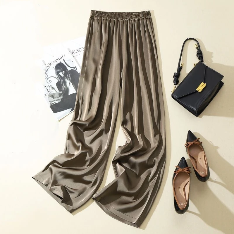 

2024 Spring Summer New Women's Satin Silk Acetate Simulation Silk Pants High-waisted Ice Silk Draping Loose Wide-legged Pants