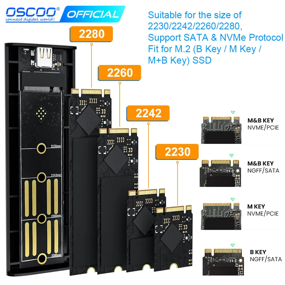 Caja OSCOO M2 SSD M.2 NVMe SATA SSD adaptador de carcasa 10Gbps USB 3,2 Gen2 USB C carcasa externa compatible con teclas M y B & M