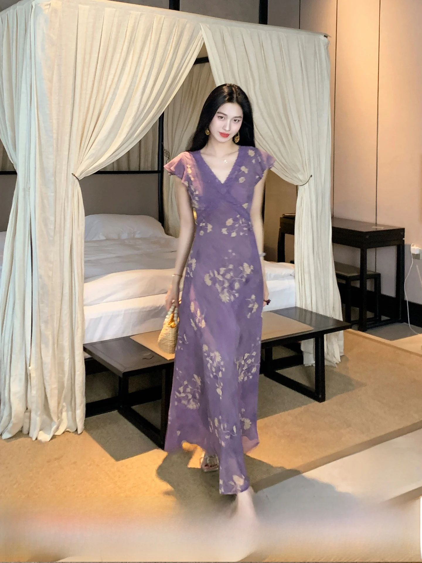 

Summer Lace Waist-Cut Long Dress Women's Floral Print Puffy Sleeve Dress French Style A-Line Skirt Short Sleeve V-Neck Dress