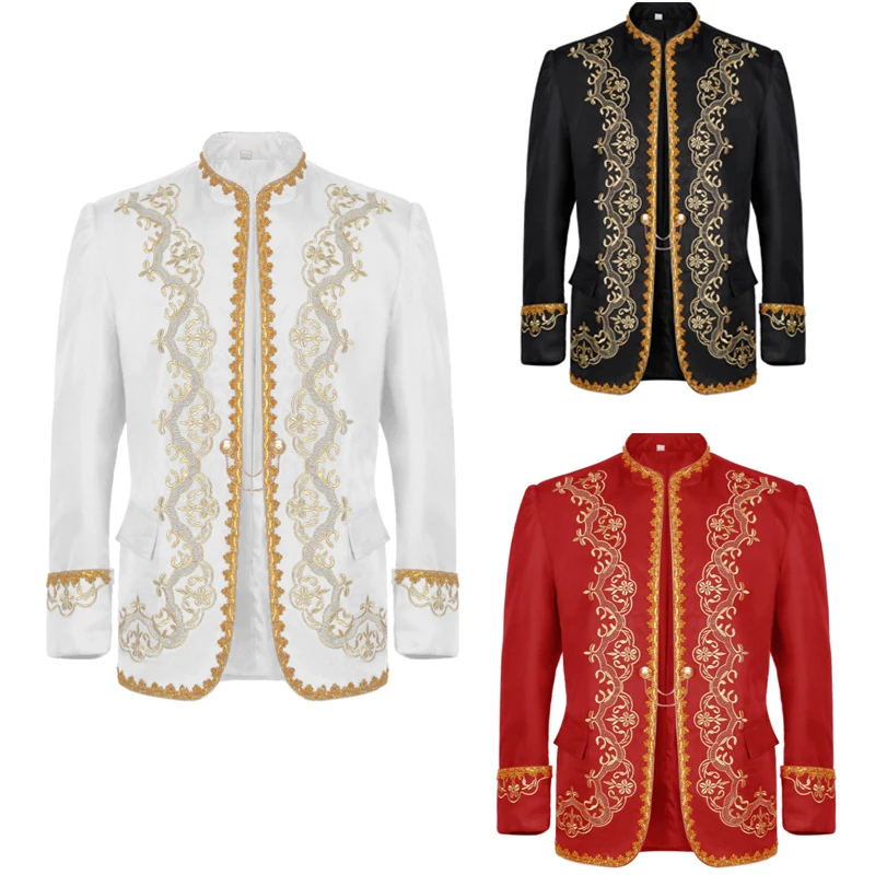 

Men's Cosplay Vintage Prince Jacket Embroidery Medieval Military Stand Collar Coat Retro Wedding Groom King Costume Halloween