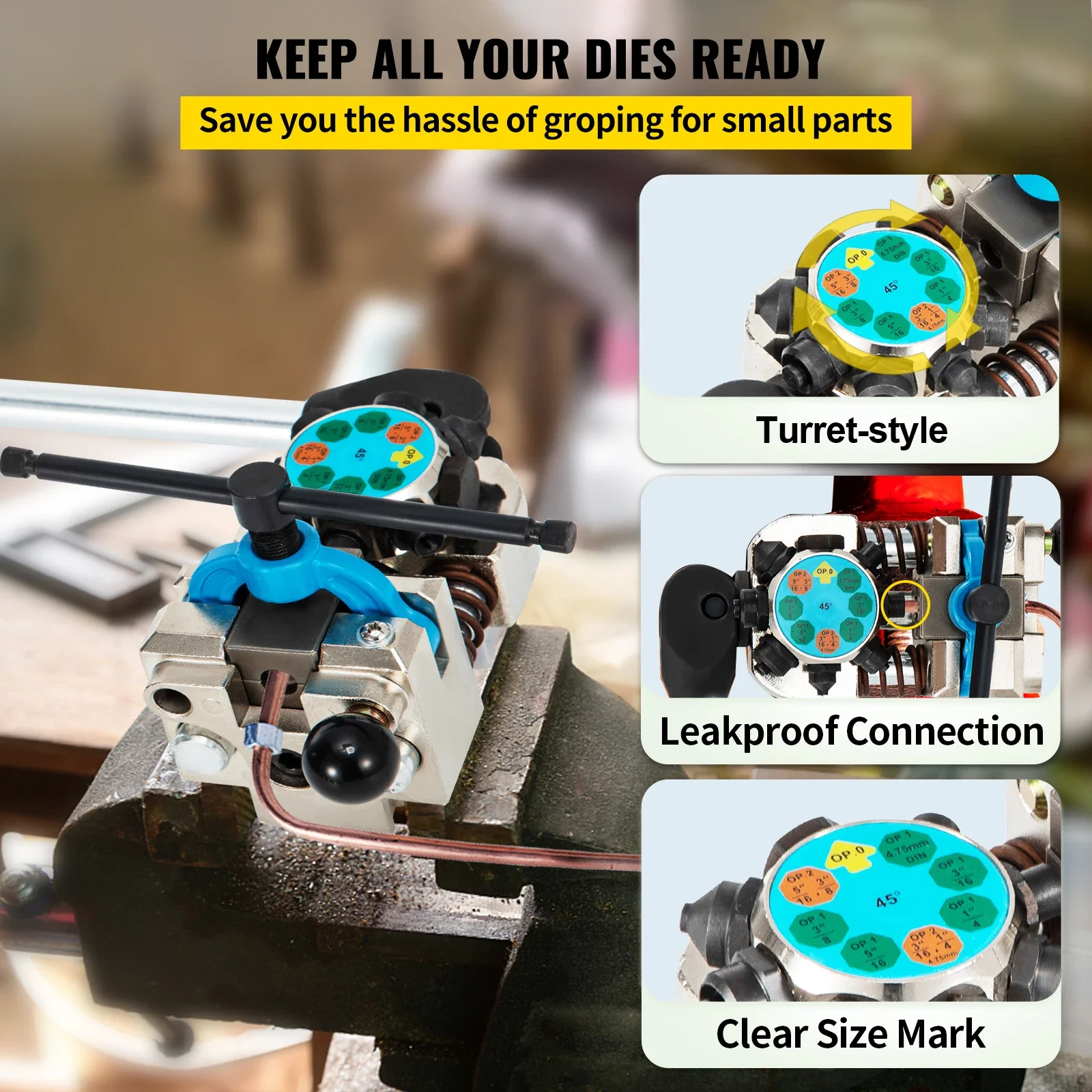 Brake Line Flaring Tool 45° Double Flares For 3/16" 1/4" 5/16" And 3/8" Tube Size Suitable For Soft Metal Of Copper Lines