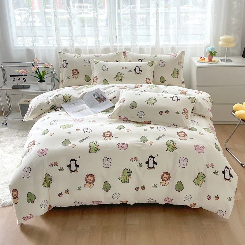 Cartoon Animals Cotton Bedding Set Zoo Lion Crocodile Rabbit Duvet Covers for Bedroom Decor Comforter Cover with 2 Pillow Shams