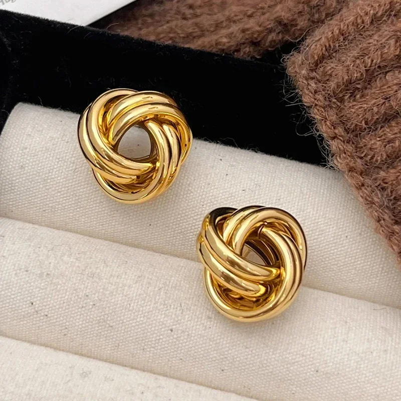 Real 925 Sterling Silver Thread Ball Geometric 18K Gold Stud Earrings for Women Minimalist Fine Jewelry Personality Accessories