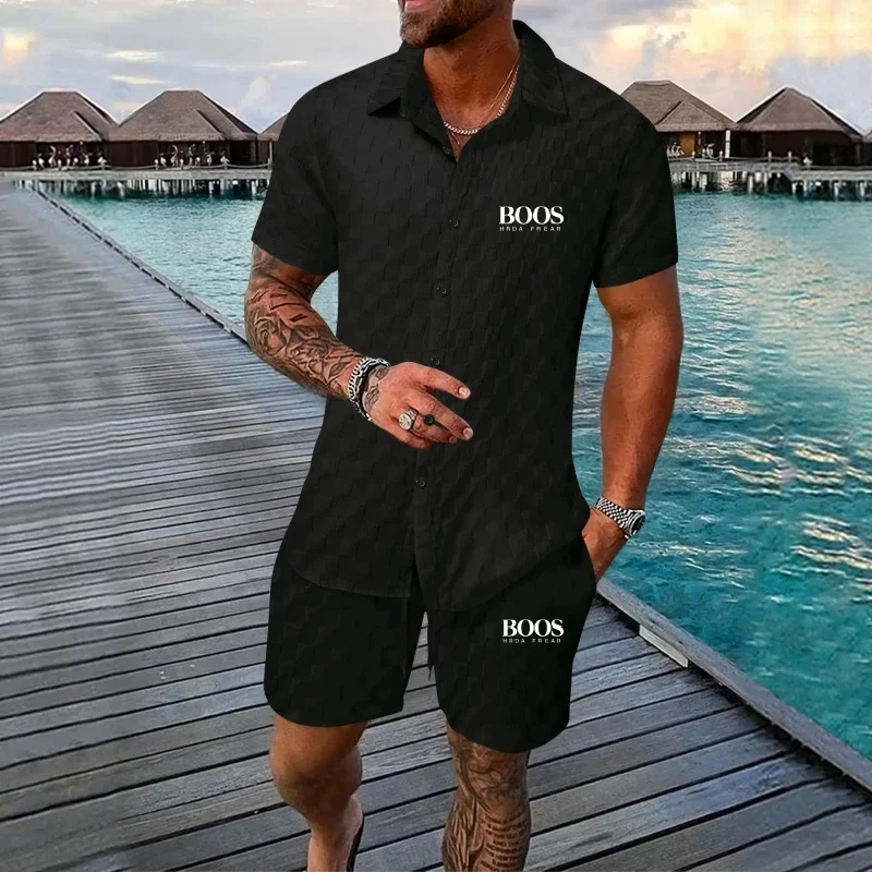 New Embroidered 100% Polyester Men's Fashionable Beach Short Sleeved Set Cardigan Solid Color Checkered Casual Beach Set