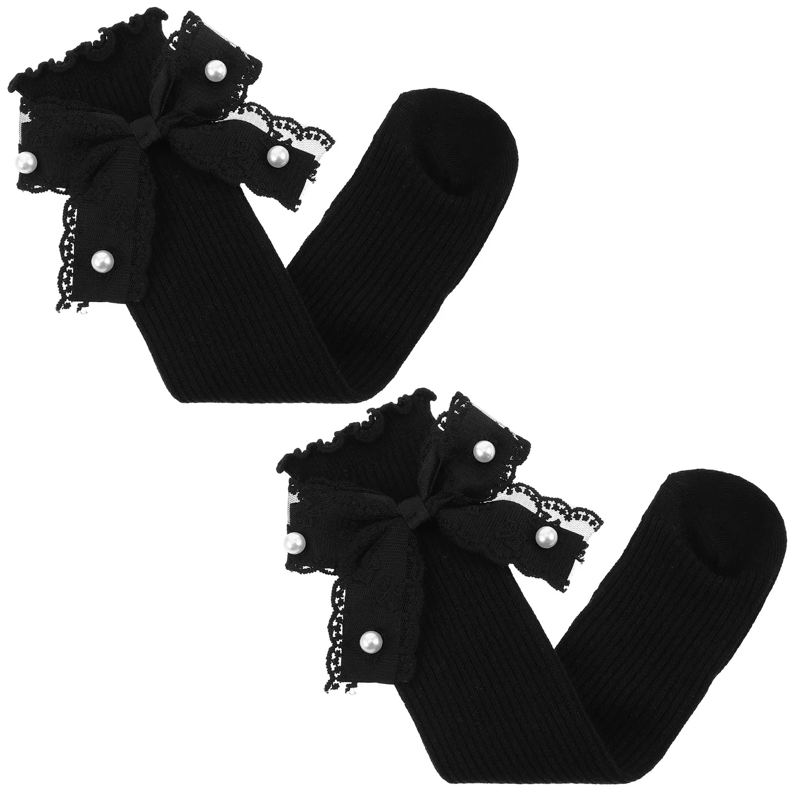 1Pair Black Lace Mid Tube Socks for Girls Japanese Lolita Style Bow Detail Cute Fashionable Breathable Soft Cotton