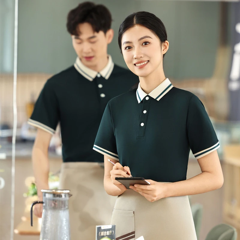 

Летняя униформа для официантов отелей и ресторанов с коротким рукавом и отложным воротником для ресторанов, кондитерских и супермаркетов.