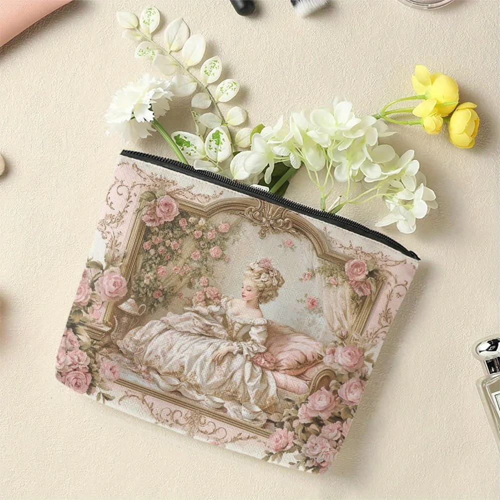 Un sac de maquillage floral rococo – Jolie pochette multifonctionnelle à fermeture éclair pour femme, sac de rangement de bijoux