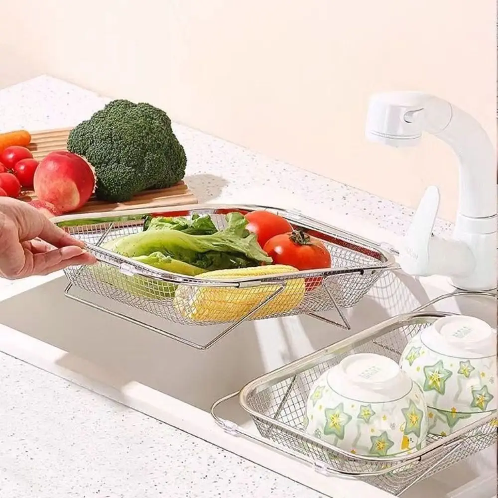 Stainless Steel Expandable Sink Colander Fine Mesh Versatile Dish Drying Rack Rustproof Adjustable Length Sink Strainer Fruits