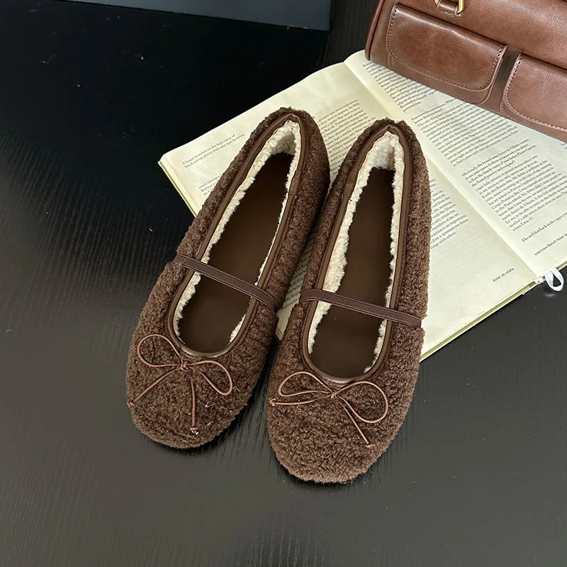 موضة فاخرة رقيق النساء الشتاء أحذية مصممين مريحة الإناث الباليه الشقق الدافئة السيدات ماري جينس الفراء أحذية جديد 2026 #3
