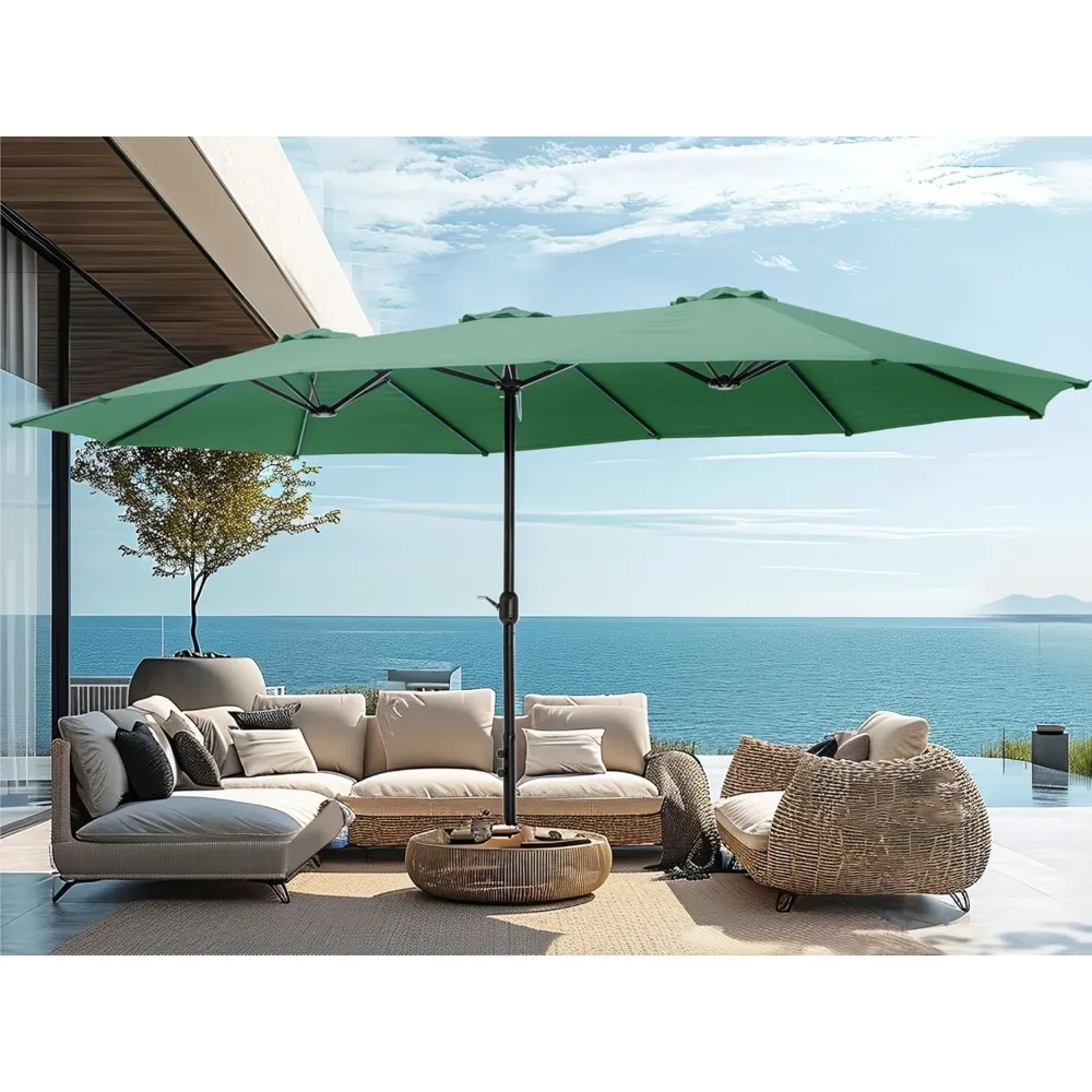 15ft Large Patio Umbrellas with Base, Outdoor Double-Sided Rectangle Market Umbrella for Pool Lawn Garden, Mint Green