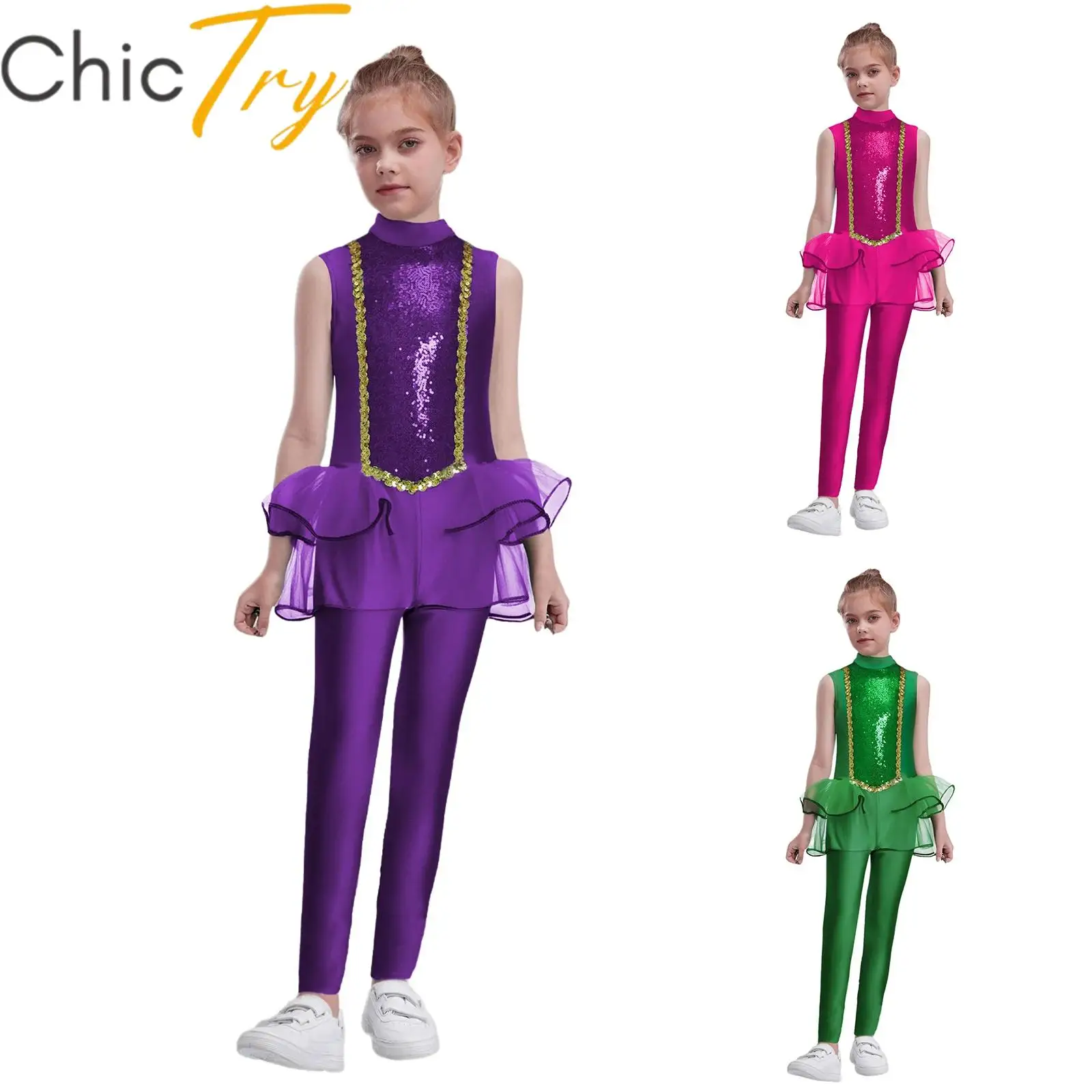 

Kids Girls Fairy Cosplay Costume Sequins Sleeveless Romper Waist Puffy Mesh Long Pants Jumpsuit Carnival Party Stage Performance