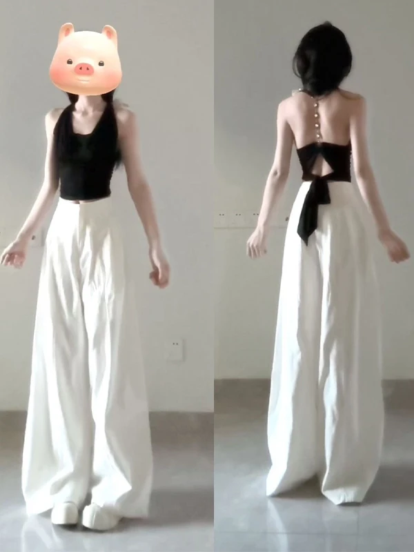 

Черный комплект без рукавов с вырезом на шее в американском стиле для модниц 2025: повседневные широкие брюки и топ из двух частей для молодых женщин, летний тренд