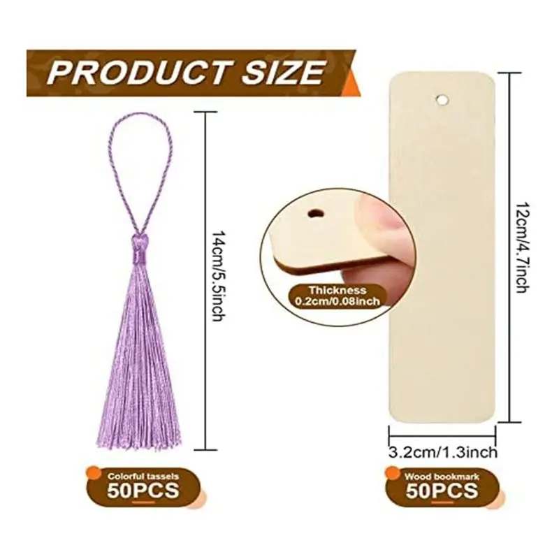 NOCM 100Pieces Unfinished Wood Bookmark with Colorful Tassels 4.8 x 1.3 Inch Wooden Bookmark Wooden for DIY Projects Christma