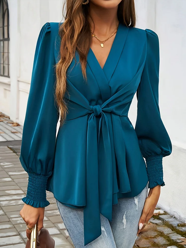 Camicetta da donna con maniche a lanterna con scollo a V profondo di nuova moda Camicetta da donna elegante in chiffon da donna Abiti da donna slim vintage