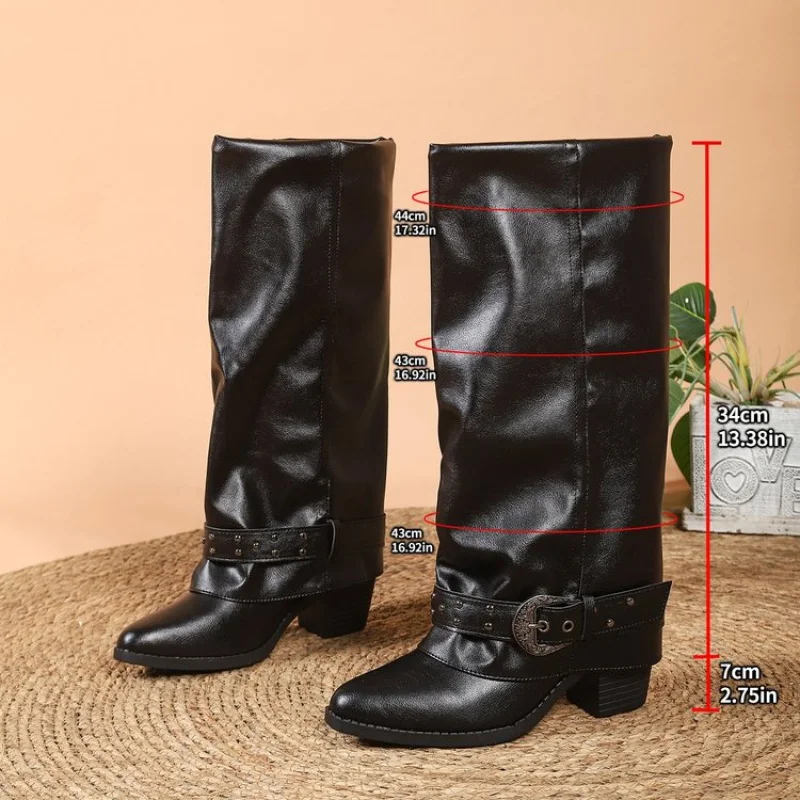 Belt Buckle Fashion Boots Women Autumn Winter New Block Heel Vintage Pleated Knight Boots Women