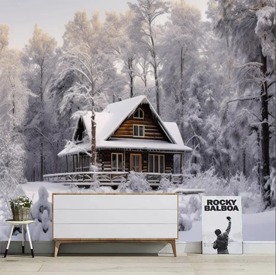 Customized Size Mural Painting Russian Style Birch Forest Snow Landscape Wallpaper Lake Water Wooden House Forest Decoration