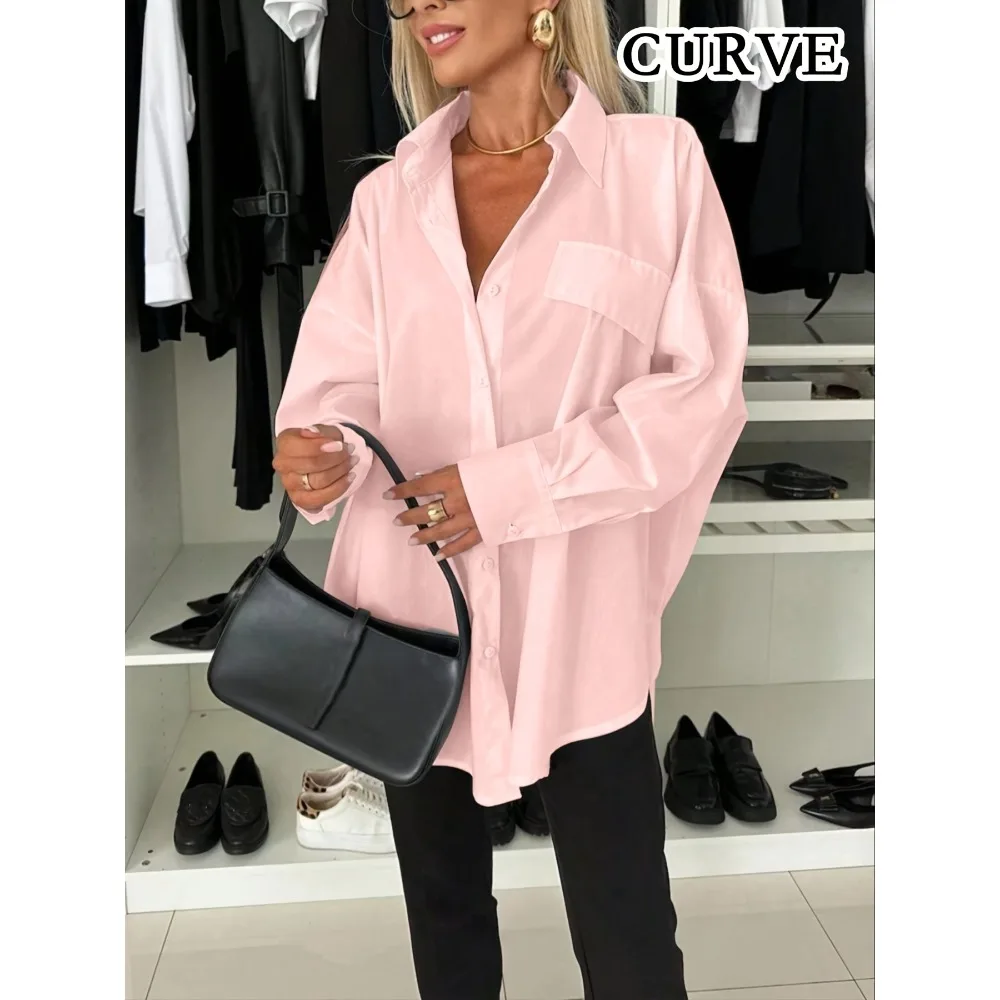 Plus Size Women's Solid Color Front Button Lapel Shirt Tops Lapel Long Sleeved Button Up Long Sleeved Shirt image 2