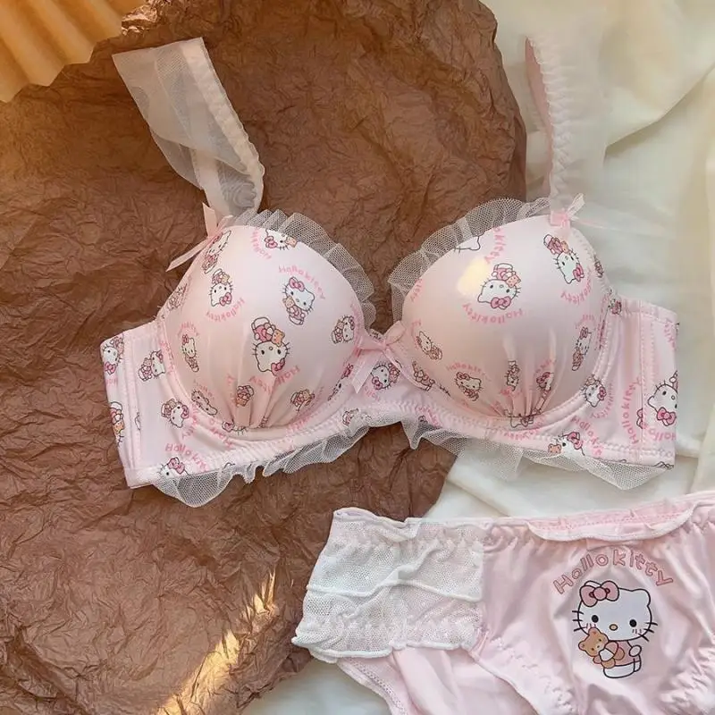 Sanrios Hello Kitty Cute Japanese Style Lingerie with No Steel Ring Sweet Bow Brakt Cat Print Small Chest Gathered Bra