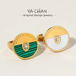 YACHAN 18K Gold Plated Geometric Stainless Steel Rings for Women Shell Malachite Trendy Zircon Luxury Jewelry