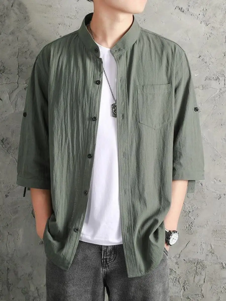 ルーズコットンリネンメンズカジュアルシャツ夏用七分袖耳カバー付きアウター快適で通気性のあるルーズフィット