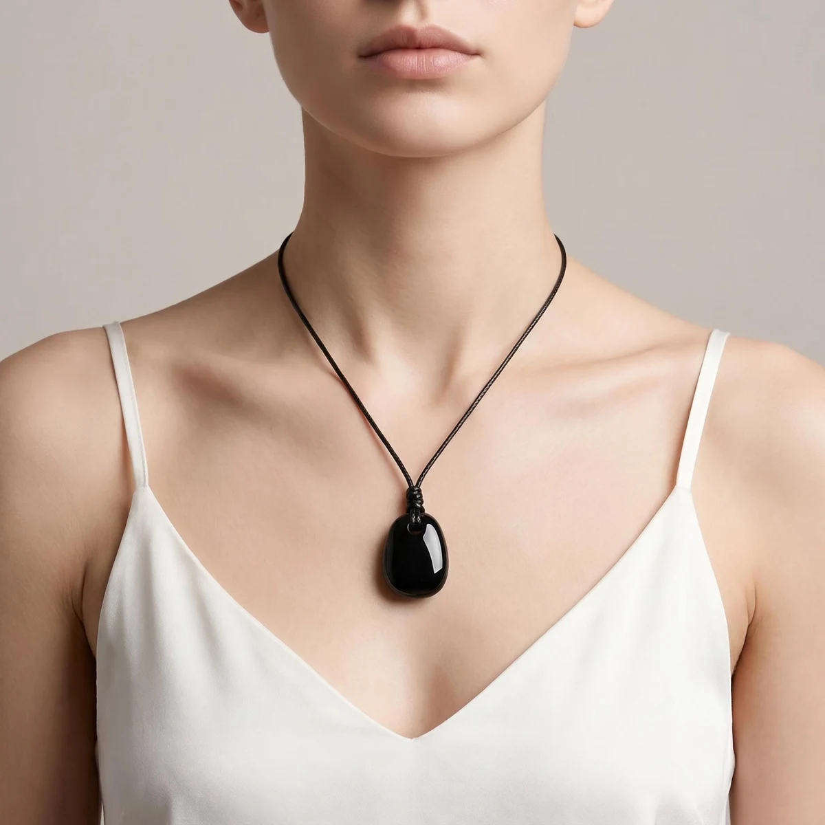Black Obsidian Trapezoid Crystal Pendant Necklace Adjustable Rope Choker Natural Stone Healing Reiki Jewelry Unisex Gift Box
