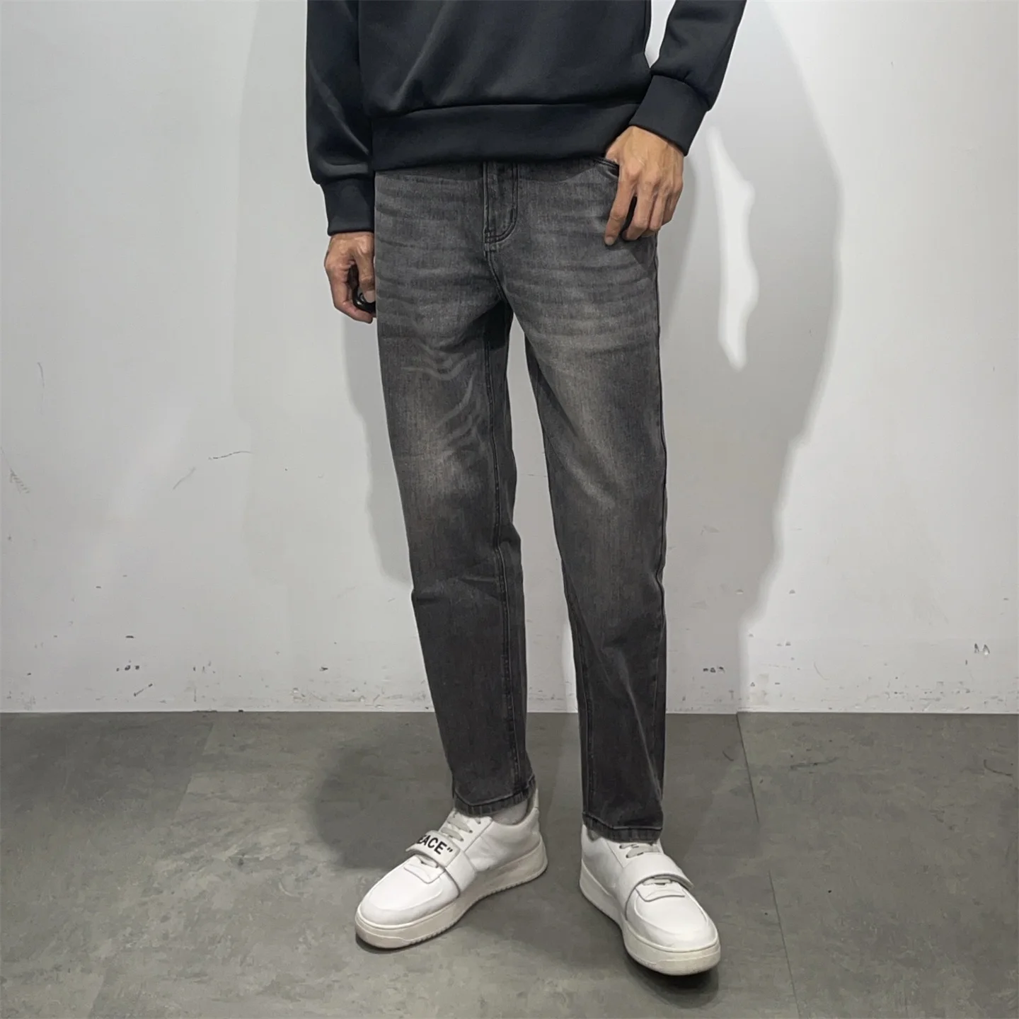 G Series Men's Elastic Cotton Denim Jeans mid Waist Washed Straight Leg Tube Nine Points Half Length Casual Wear Autumn Winter