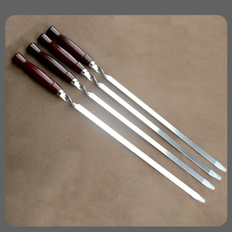 Extended Thickened Stainless Steel Flat Barbecue Skewers with Rosewood Handle Reusable BBQ Grilling Tools for Outdoor Kitchen
