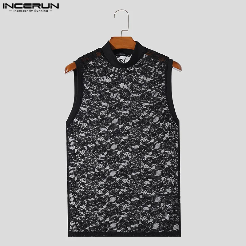 INCERUN Men Tank Tops Mesh Transparent Flower Turtleneck Sleeveless Male Vests Summer Streetwear 2024 Fashion Men Clothing S-5XL