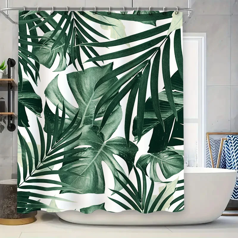 

Tropical Green Leaves Shower Curtain Waterproof Fabric Bathroom Decor Greenery Print Bath Mat Modern Home Décor Item
