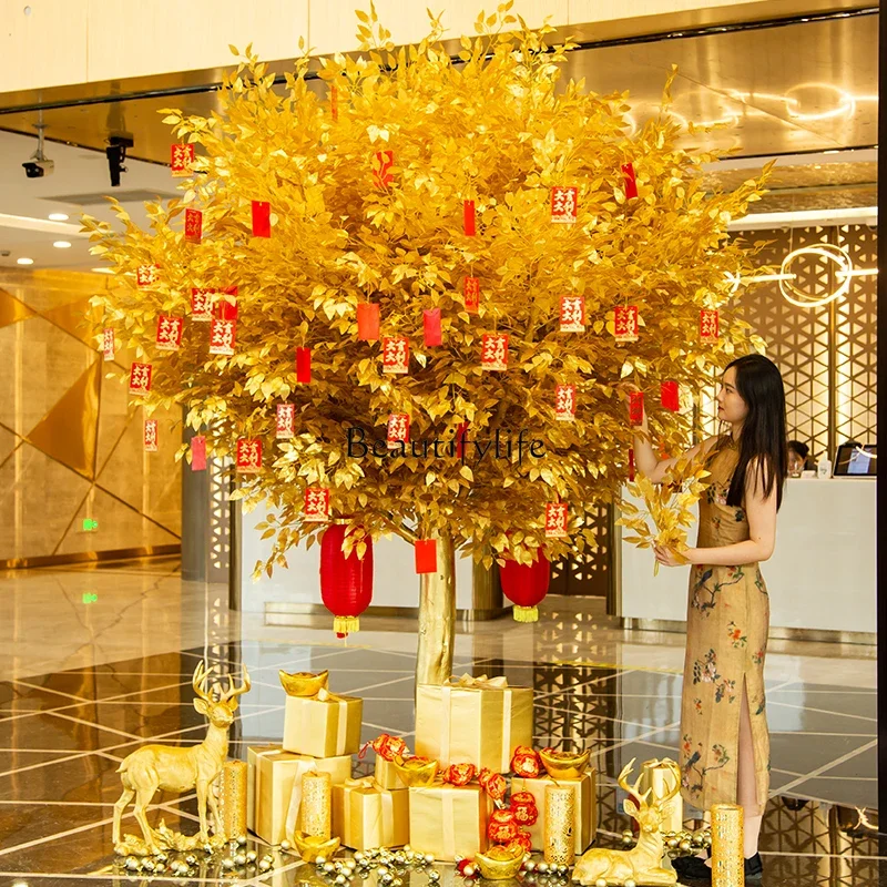 

66.Simulated golden banyan tree shakes money to decorate New Year's blessing large fake tree hotel