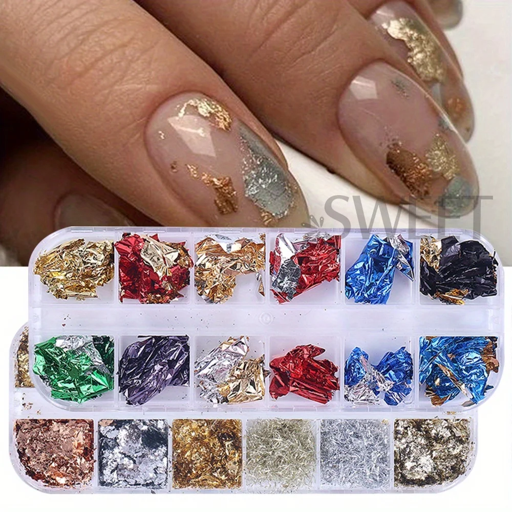 2 صناديق 24 أنماط الذهب احباط رقائق مسمار الترتر رقائق مختلطة الحرير الألومنيوم بريق Paillette رقاقة البريق الديكور Crafts بها بنفسك الحرف