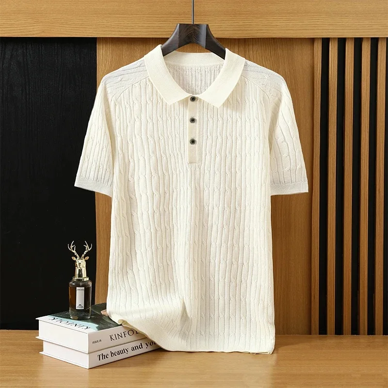 Summer new men's short sleeved sweater T-shirt solid color knitted casual pullover men's lapel sweater thin version ATTYYWS bran