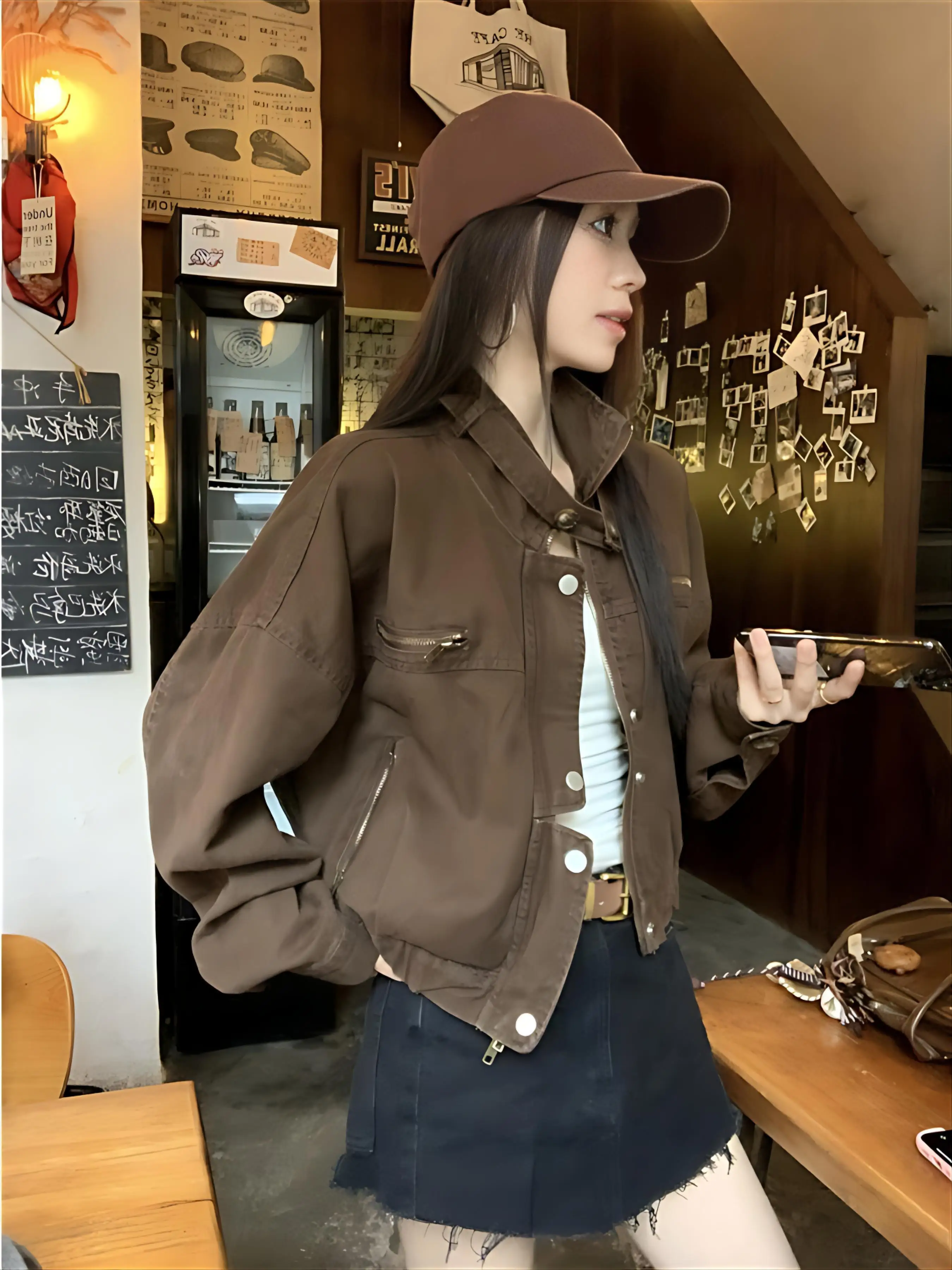 معطف الدنيم سترة امرأة المرأة الخريف سليم صالح الصوفية مزاجه بسيط دافئ زرر محززة المجهزة يزين السترات كبيرة الحجم #1