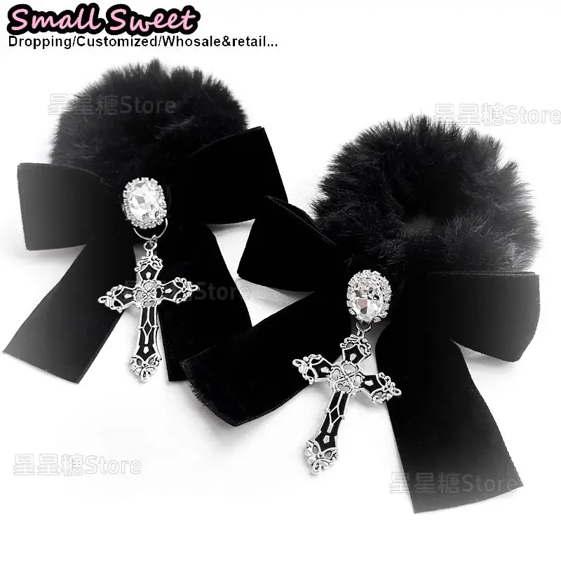 

Ladies Goth Y2K Girl Women's Punk Gothic Lolita Hip Pop velvet fluffy cross Bow tie Hair rope Hair tie rubber band