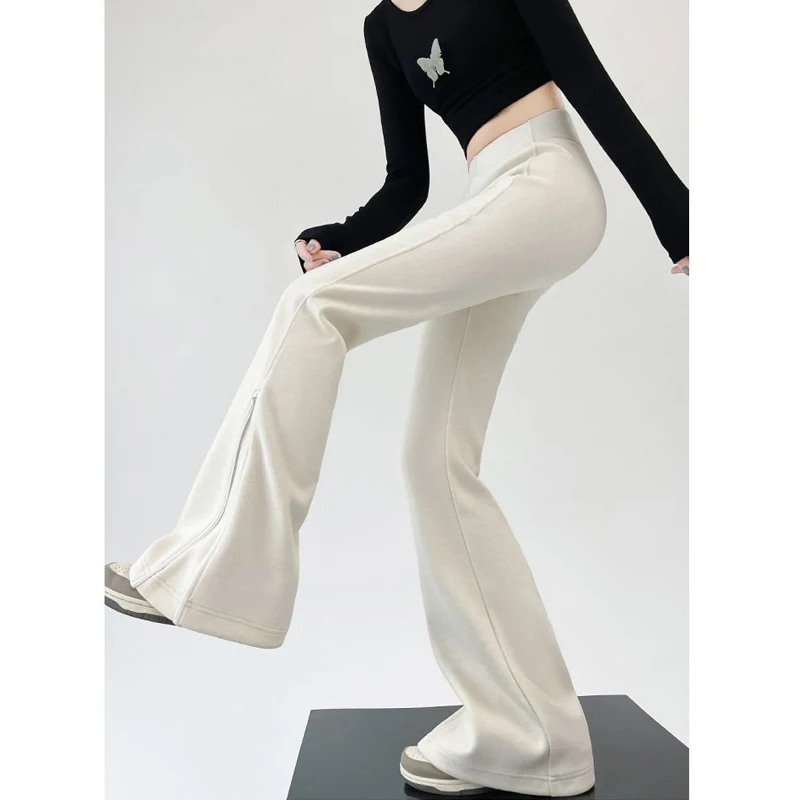 Pantalon évasé taille haute pour femme, pantalon de survêtement chic, demi-fermeture éclair, streetwear Y2K, mode coréenne, Harajuku, monochromatique, coupe couvertes