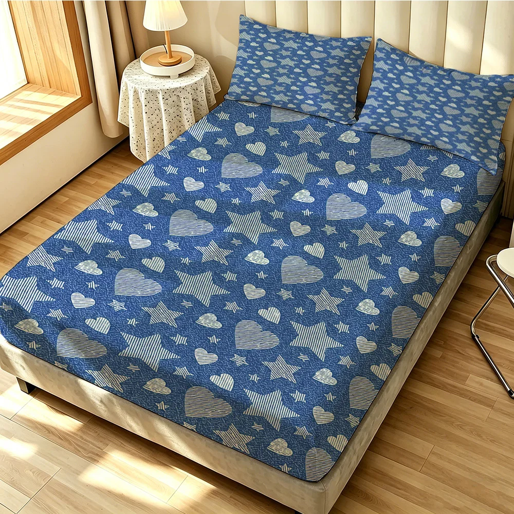 3pcs(1 duvet cover + 2 pillowcases, coreless)blue base and star-heart patterned fabric suitable for multiple sizes bedding se
