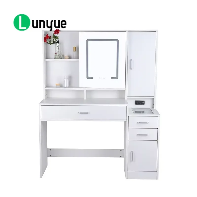 White Dressing Table with Removable Mirror Drawers and 3 Color LED Lamp Efficient Vanity Desk for Bedroom Makeup Storage