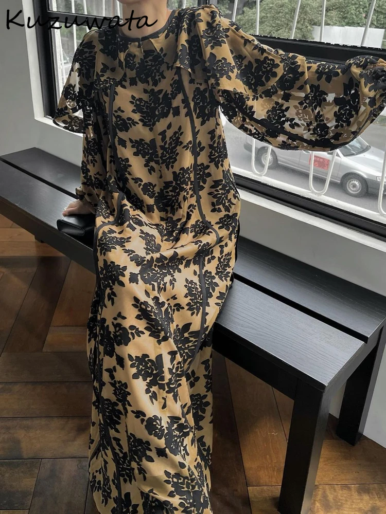 Kuzuwata O Neck Long Sleeve Elegant Dresses A-line Pullover Print Mid-length Casual Vestidos Japan Moda Stretch Waist Femme Robe