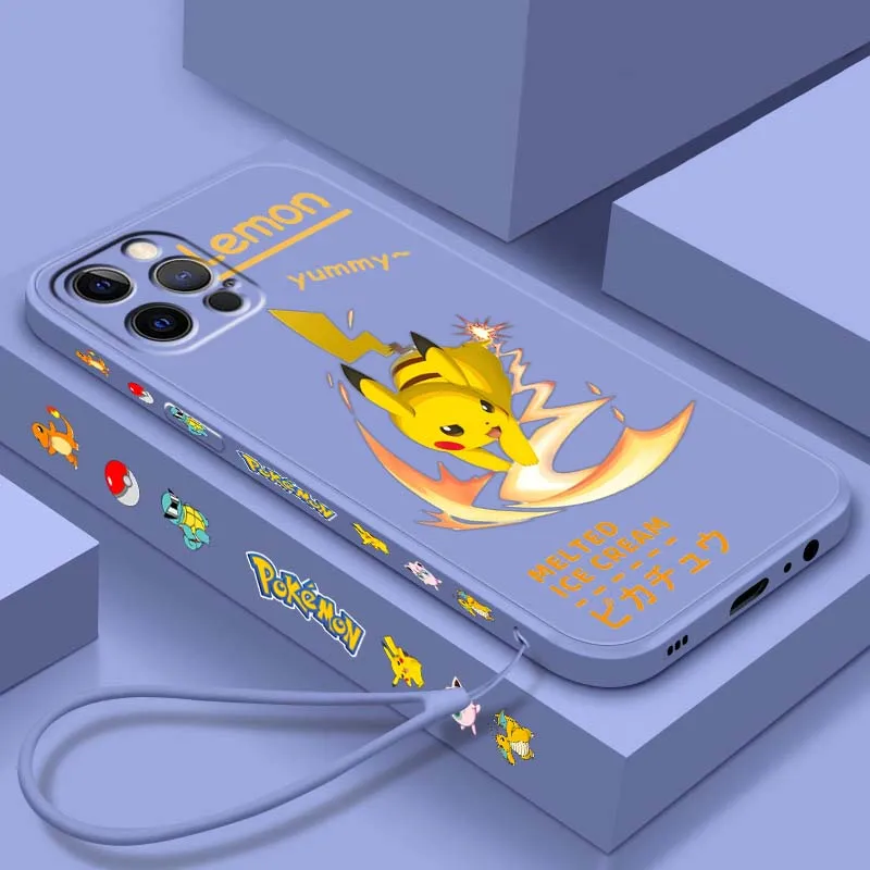 

Fashion P-Pok é M-mon Anime For Apple iPhone 16 15 14 13 12 11 XR XS X Pro Max Plus Liquid Left Rope Soft Cover Phone Case