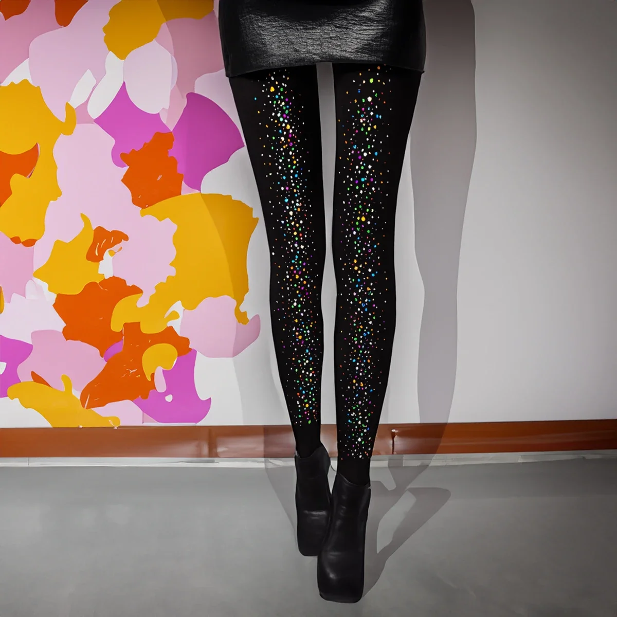 Sexy Women's Plus Size Thick Opaque 120Den Black Tights with Colorful Rhinestone Design for Autumn/Winter