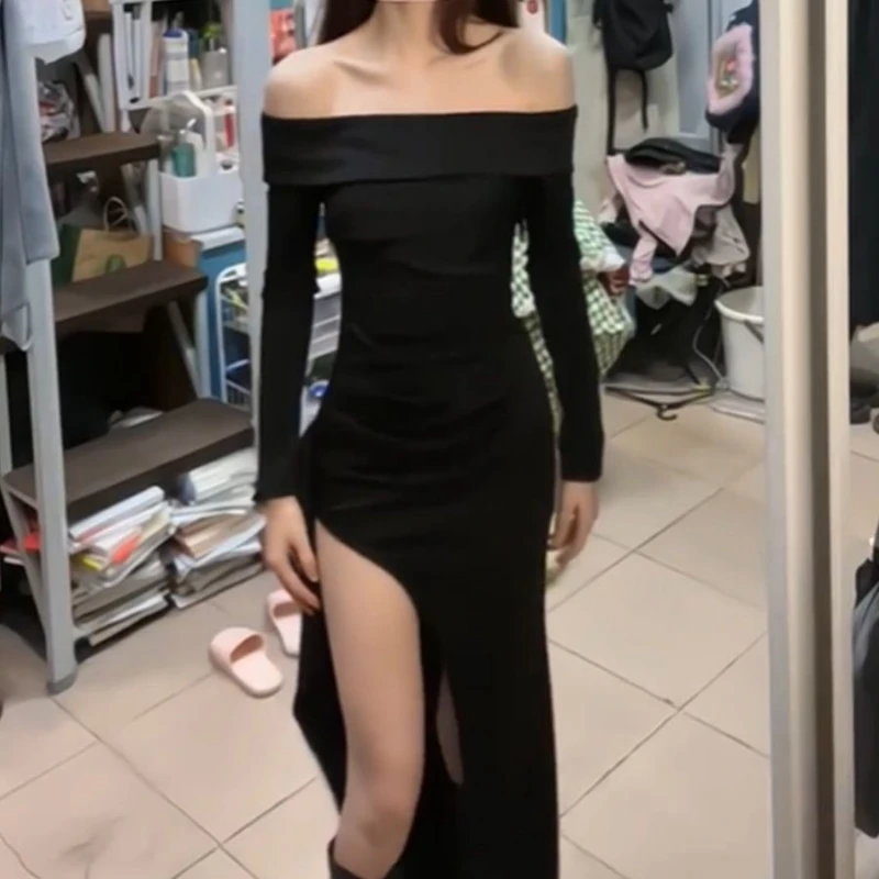 Pure Desire for Explosive Style Slim Fit One Shoulder Strapless Dress Slimming and Waist Cinching Long Sleeved Slit Mid Length