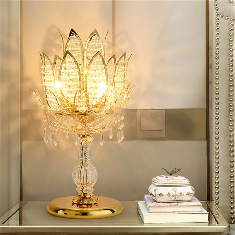 ABEL Luxury Table Lamp Crystal Modern Gold Lotus Creative Decoration LED Desk Light For Home Bedside