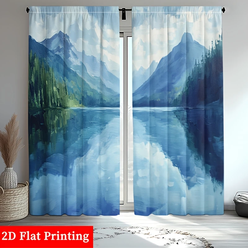 Luxury 2pcs Blue Mountain Lake Scenery Curtains Pair Window Drapes Nature Landscape Abstract Flat Printing Wall Decor